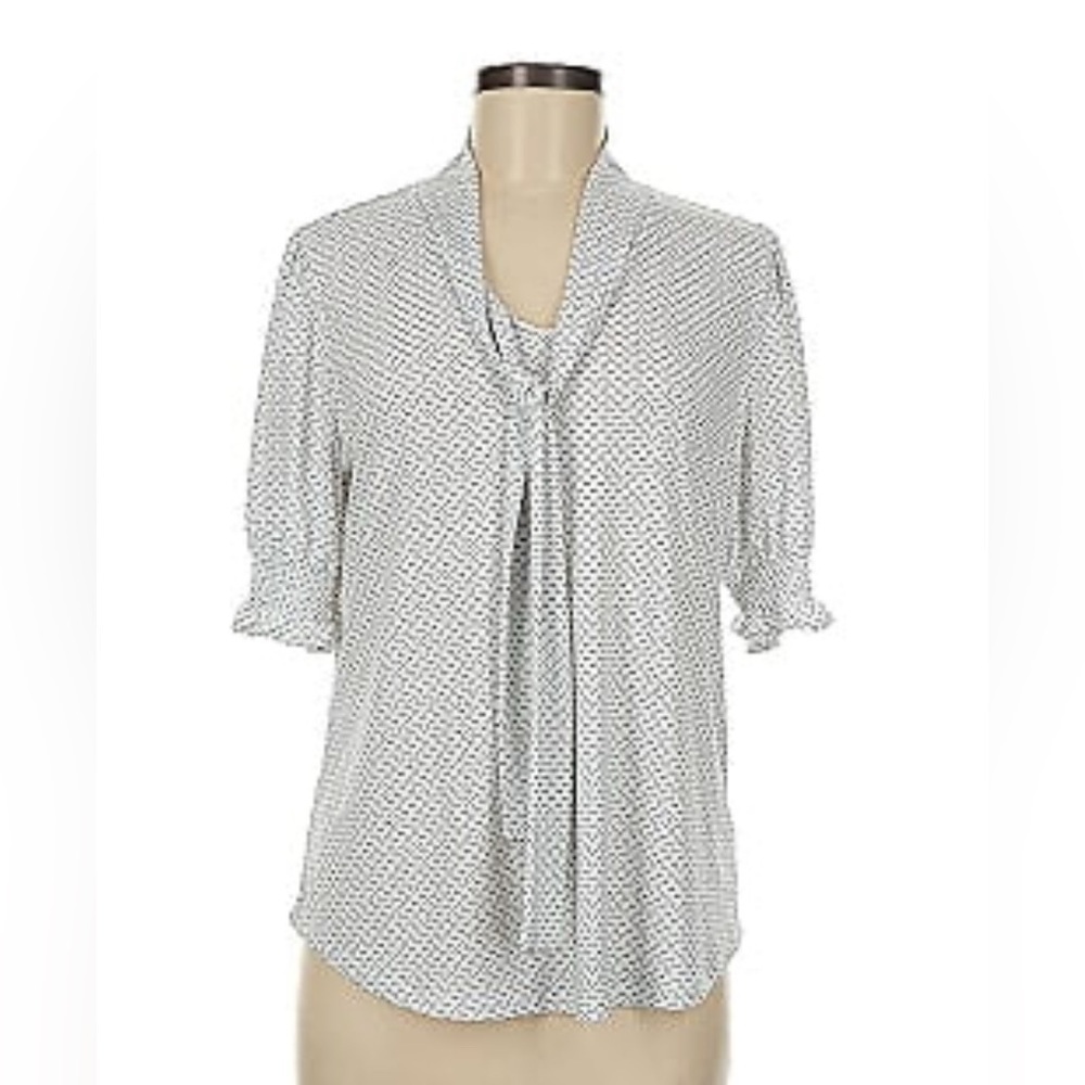 Adrianna Papell Smocked sleeve tie neck top black white geometric print LG NWT